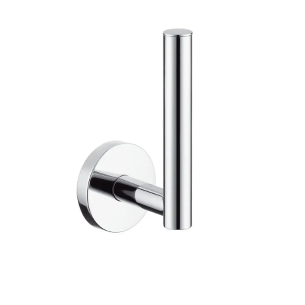 Wandmontierter Papierrollenhalter in Chrom von Hansgrohe mit runder Basis und vertikalem Halterungsdesign.